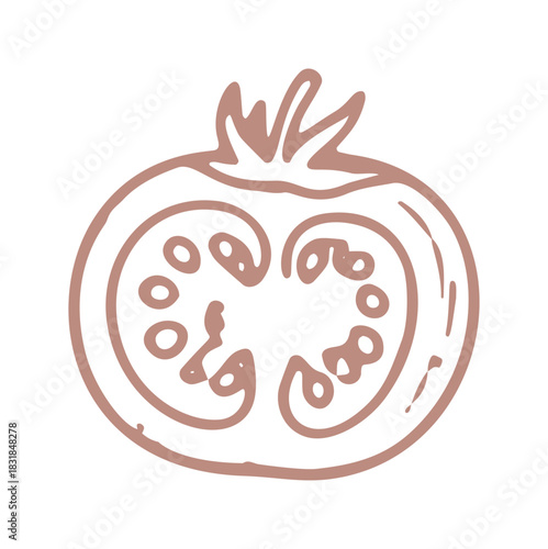 Doodle depicts a tomato cut in half, showcasing its inner parts and seeds, in a simple hand-drawn vector style.