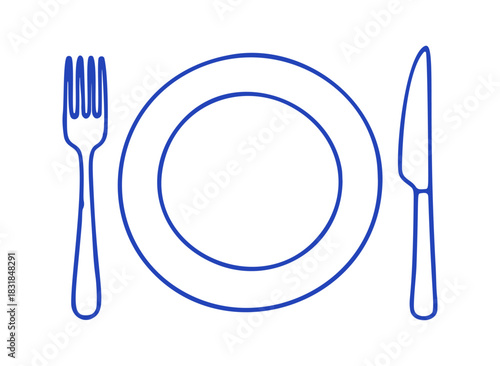 A simple, blue outline shows a place setting. A plate, fork, and knife appear in a hand drawn, doodle style on a white background.