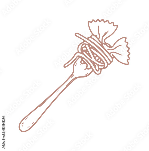 Fork is holding a nest of spaghetti and farfalle pasta.