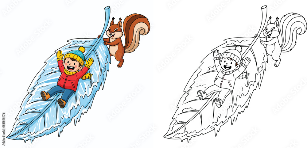 Φωτογραφία Happy cartoon boy sliding down a giant frozen leaf with a squirrel winter season fun vector illustration with black and white coloring page outline for kids activity