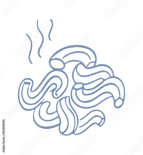A vector doodle shows hot mediterranean pasta, in a hand drawn style. Represents italian food and culinary.