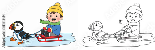 Cute cartoon boy riding sled pulled by puffin bird Winter vector illustration showing colored version and black and white coloring page outline