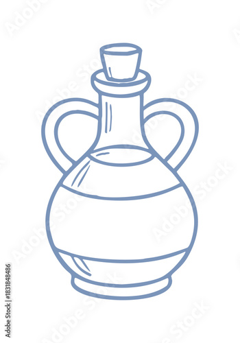 A simple hand drawn line art shows a Mediterranean style oil bottle with a cork, perfect as a vector icon for food ingredients.