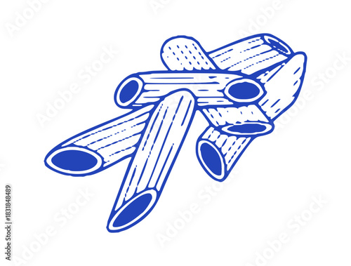 Vector drawing features multiple pieces of blue penne pasta in a simple, hand-drawn style.