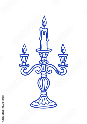 Hand drawn three-candle Candelabra Illustration with lit candles on a white background.