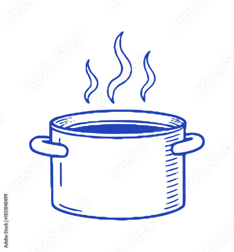 A simple, hand drawn vector illustration shows a cooking pot with handles and steam, implying something is being cooked.