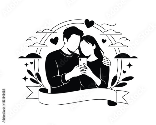Romantic couple taking selfie with hearts and clouds in black and white illustration