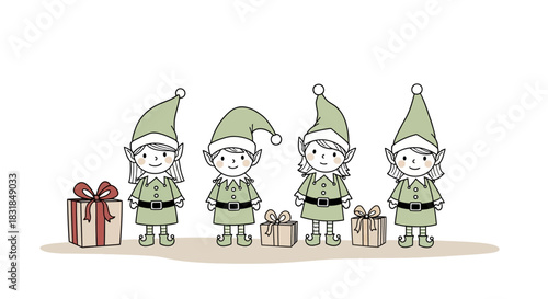 Christmas Elves with Gifts Holiday Illustration