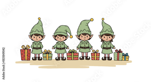 Christmas Elves with Holiday Gifts Festive Season Illustration