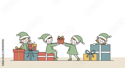 Christmas Elves Exchanging Gifts Holiday Celebration Illustration