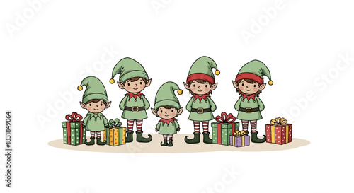 Christmas Elves with Gifts Festive Holiday Illustration