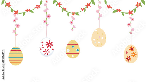 Festive easter eggs decorated with colorful patterns and flowers hang from a garland of green leaves and blossoms on a white background perfect for spring celebrations