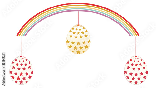 Whimsical easter eggs adorned with red and gold stars hang suspended from a colorful rainbow arch against a clean white background creating a festive and cheerful holiday scene