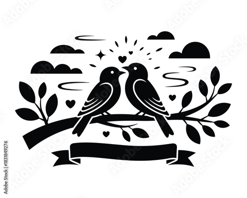 Silhouette birds in love on branch with clouds and hearts vector