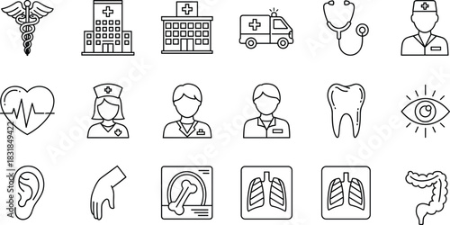 Medical and Healthcare Line Icons Collection: Hospital, Doctor, Nurse, Emergency Ambulance, X-ray, Stethoscope, Anatomy, and Health Diagnosis Symbols Set.
