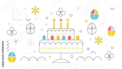 A festive and whimsical illustration featuring a two tiered birthday cake with lit candles and decorative elements like easter eggs flowers and abstract shapes on a white background