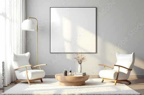 Modern Living Room Poster Frame Mockup with Natural Light and Minimalist Decoration. 3D render.