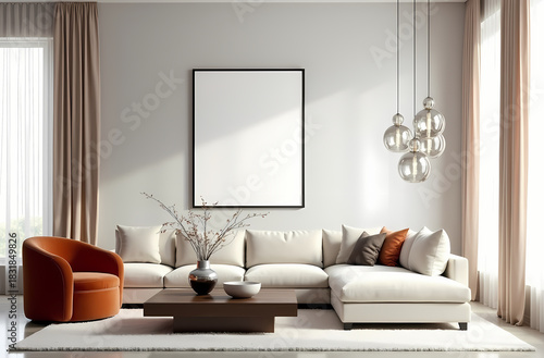 Modern Living Room Poster Frame Mockup with Natural Light and Minimalist Decoration. 3D render.