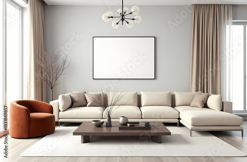 Modern Living Room Poster Frame Mockup with Natural Light and Minimalist Decoration. 3D render.