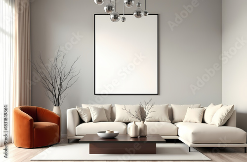 Modern Living Room Poster Frame Mockup with Natural Light and Minimalist Decoration. 3D render.