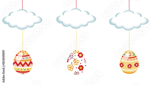 Three colorful easter eggs decorated with festive patterns and flowers hang from fluffy clouds on a white background perfect for spring celebrations