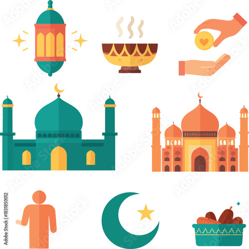 Modern Flat Ramadan Vector Illustrations. Islamic Banner Elements featuring Mosque, Zakat, and Lanterns.