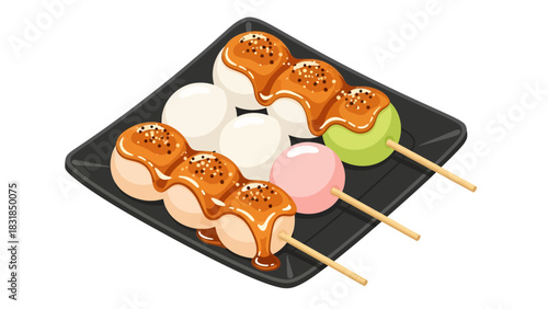 Three appetizing skewers of Japanese dango rest on a black plate, featuring glossy brown mitarashi glaze dripping over white dumplings interspersed with soft pink and green mochi balls