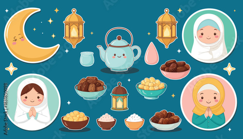 Cute Ramadan Cartoon Vector Set. Kawaii Muslim Characters, Dates, and Islamic Elements for Kids and Sticker Design.