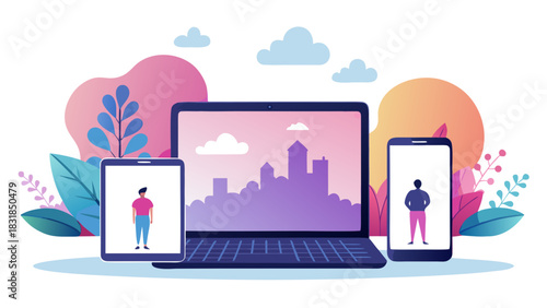 Modern digital devices laptop tablet and smartphone displaying city skyline and people illustration