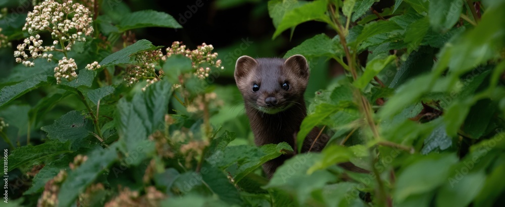 Obraz premium The weasel sneaking quietly through wild leaves and greenery.