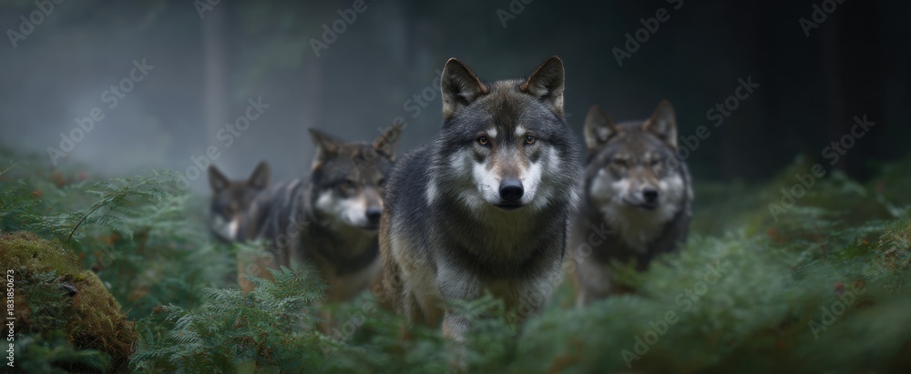 Obraz premium The wolf pack travels as a team through the dense forest bushes.