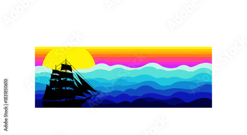 A majestic tall ship silhouette glides across the vibrant ocean waves beneath a breathtaking, colorful sunset, evoking a powerful sense of adventure and freedom.