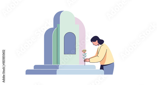 A solemn figure gently places a single flower upon an elegant memorial monument, embodying profound respect and cherished memories for a beloved individual.