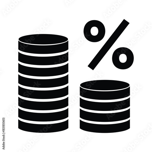 Black and white icon representing financial interest rate or percentage calculation with stacks of coins isolated on