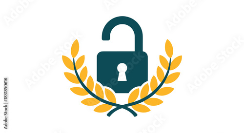 A vibrant graphic illustration features an open padlock surrounded by a golden laurel wreath, symbolizing digital security, achievement, and exclusive access.