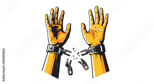 This powerful illustration depicts two human hands breaking free from oppressive metal shackles, symbolizing liberation, independence, and the triumph of human rights.