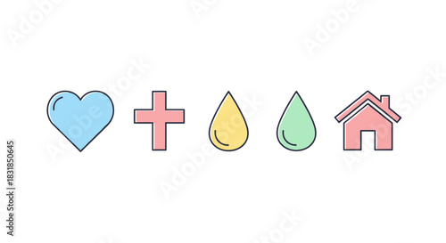A beautifully designed collection of pastel-colored line art icons representing fundamental concepts of love, faith, water, and home, perfect for modern digital projects.