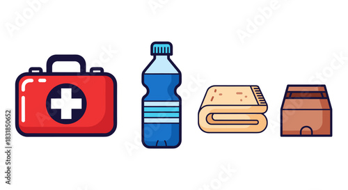 Essential emergency and survival items like a first aid kit, water bottle, blanket, and box, presented in a clean, modern flat vector illustration.