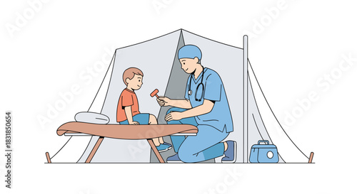 A doctor examines a child's knee with a reflex hammer inside a medical tent, illustrating healthcare in a humanitarian setting.