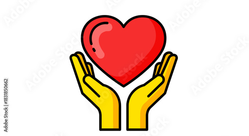 A vibrant vector illustration depicts human hands gently cradling a bright red heart, symbolizing concepts of love, care, generosity, and thoughtful support.