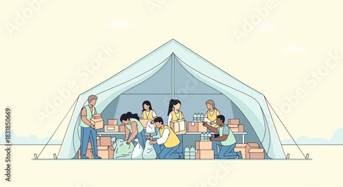Dedicated volunteers organize essential supplies within a large relief tent, demonstrating community support and humanitarian aid efforts during a crisis.