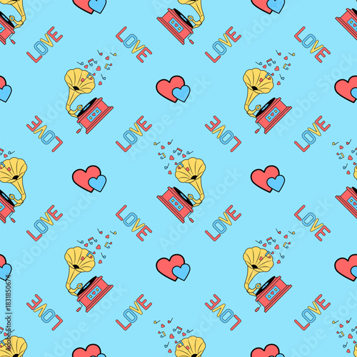 Romantic Seamless Vector Pattern: Playful Vintage Gramophones Emitting Heart-Shaped Notes and Confetti, Scattered Red-Blue Hearts, Multicolor 'LOVE' Text on Soft Pastel Blue Backdrop