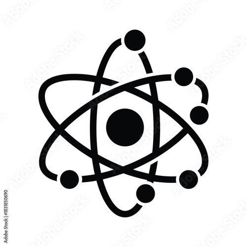 Black and white stylized icon representing an atom with orbiting electrons, isolated on