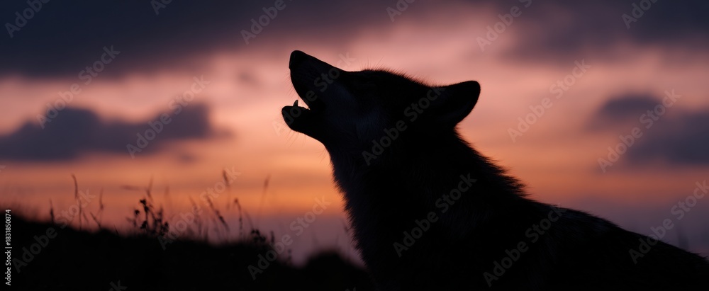 Naklejka premium The wolf vocalizing at dusk paints a shadowy song across the fading sky.