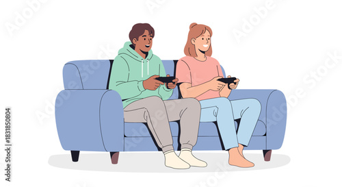A diverse young couple enjoys a relaxing evening at home, sitting comfortably on a couch and enthusiastically playing video games with modern controllers.