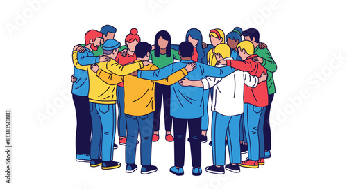 A diverse group of individuals stands united in a supportive circle, symbolizing teamwork, friendship, and collective strength in a modern illustration.