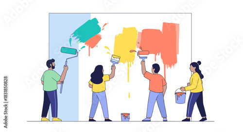A diverse group of friends collaboratively paints a large wall with vibrant colors, symbolizing teamwork, creativity, and a fresh start in home renovation projects.