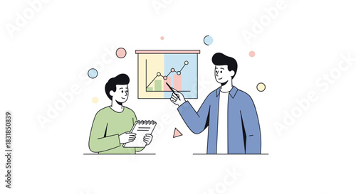 Two business professionals analyze financial data and discuss market trends during a collaborative meeting, visualizing growth strategies with a clear presentation.