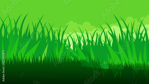 Vibrant green grass blades silhouetted against a soft green sky with subtle clouds