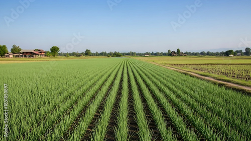 rice field in thailand, Young green onion plants grow in neat rows on fertile farm soil. Agricultural field stretches towards horizon under clear sky. Healthy crop cultivation on rural land.